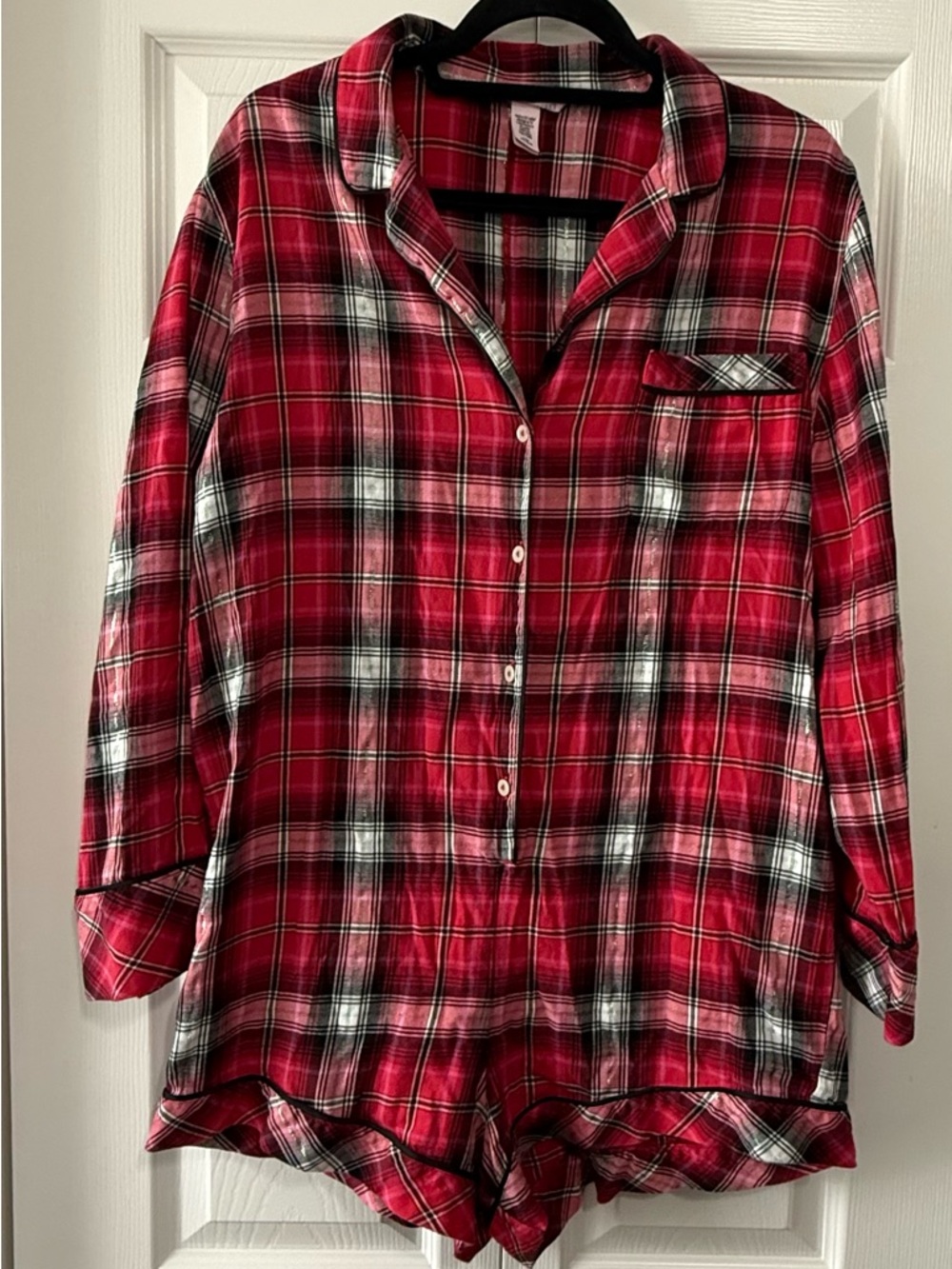 Victoria's Secret Red Plaid Pajama Romper Flannel Sleepwear Cozy Holiday Size L